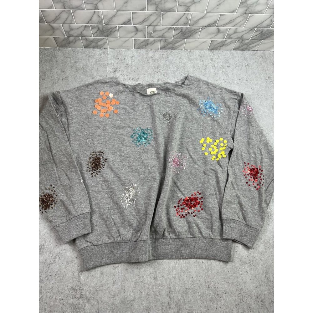 Anthropologie TINY Sequin Embellished Sweatshirt Raw Crew Neck Womens XS Gray